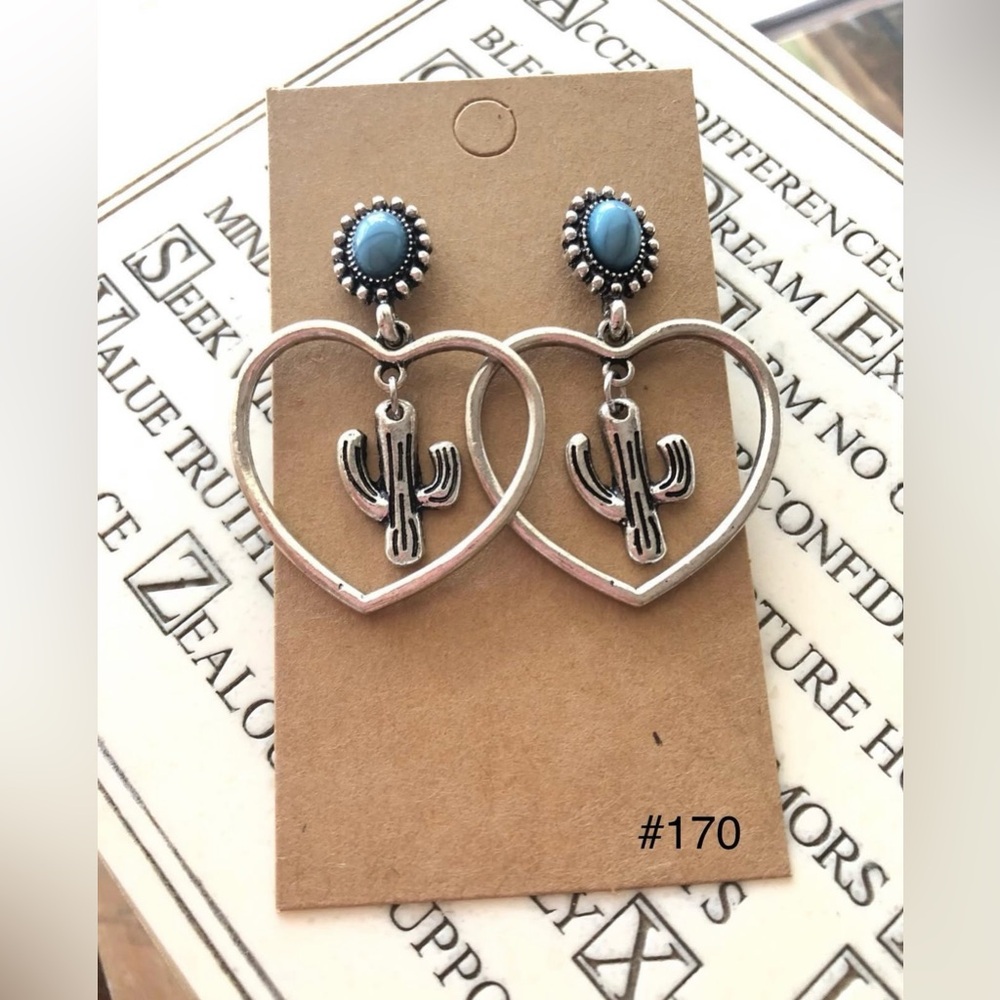 #170 | Heart Cut Out, 🌵 Cactus Dangling Pendants on Post Back with Turquoise